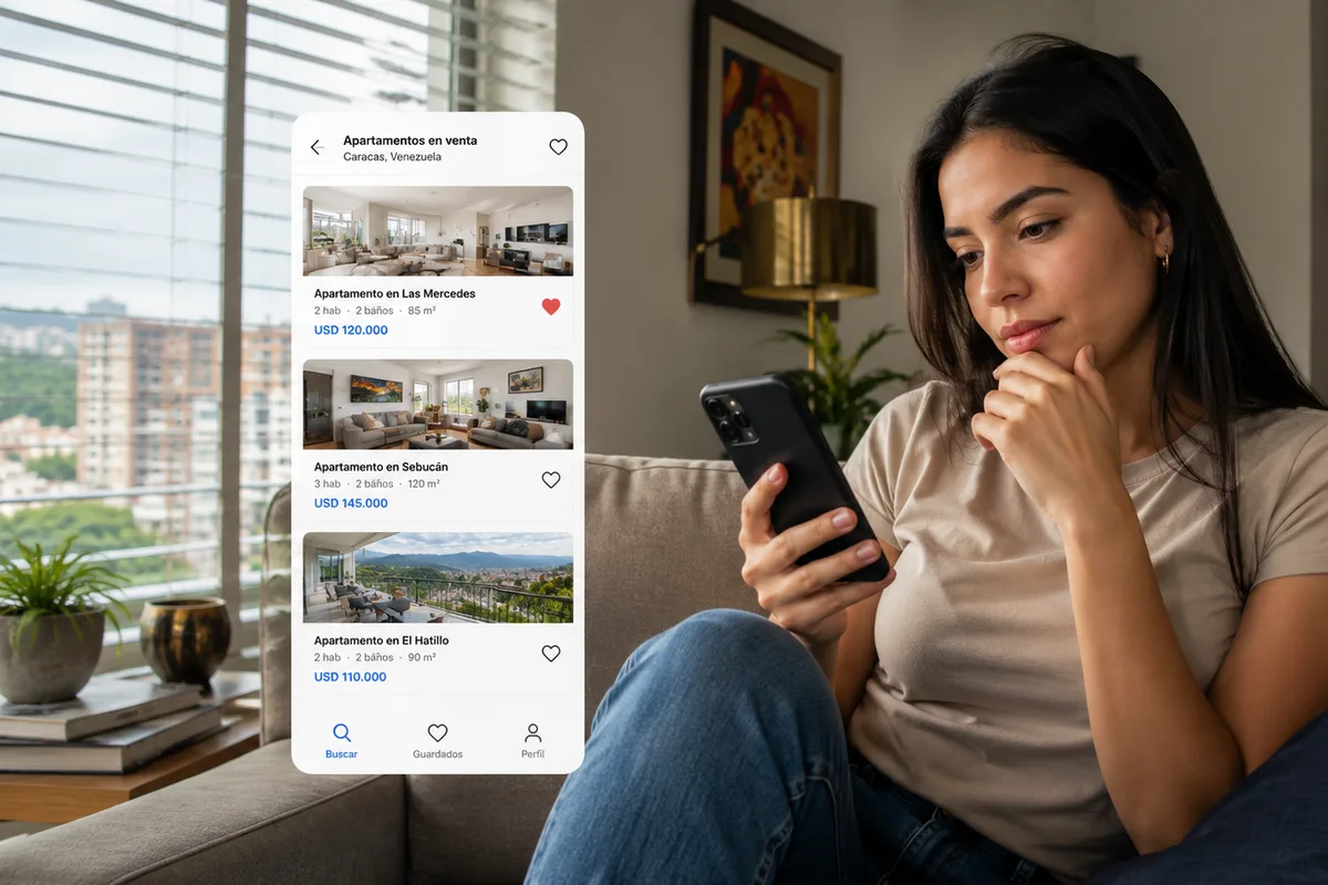 Mujer buscando apartamento con planta eléctrica en Venezuela desde su teléfono