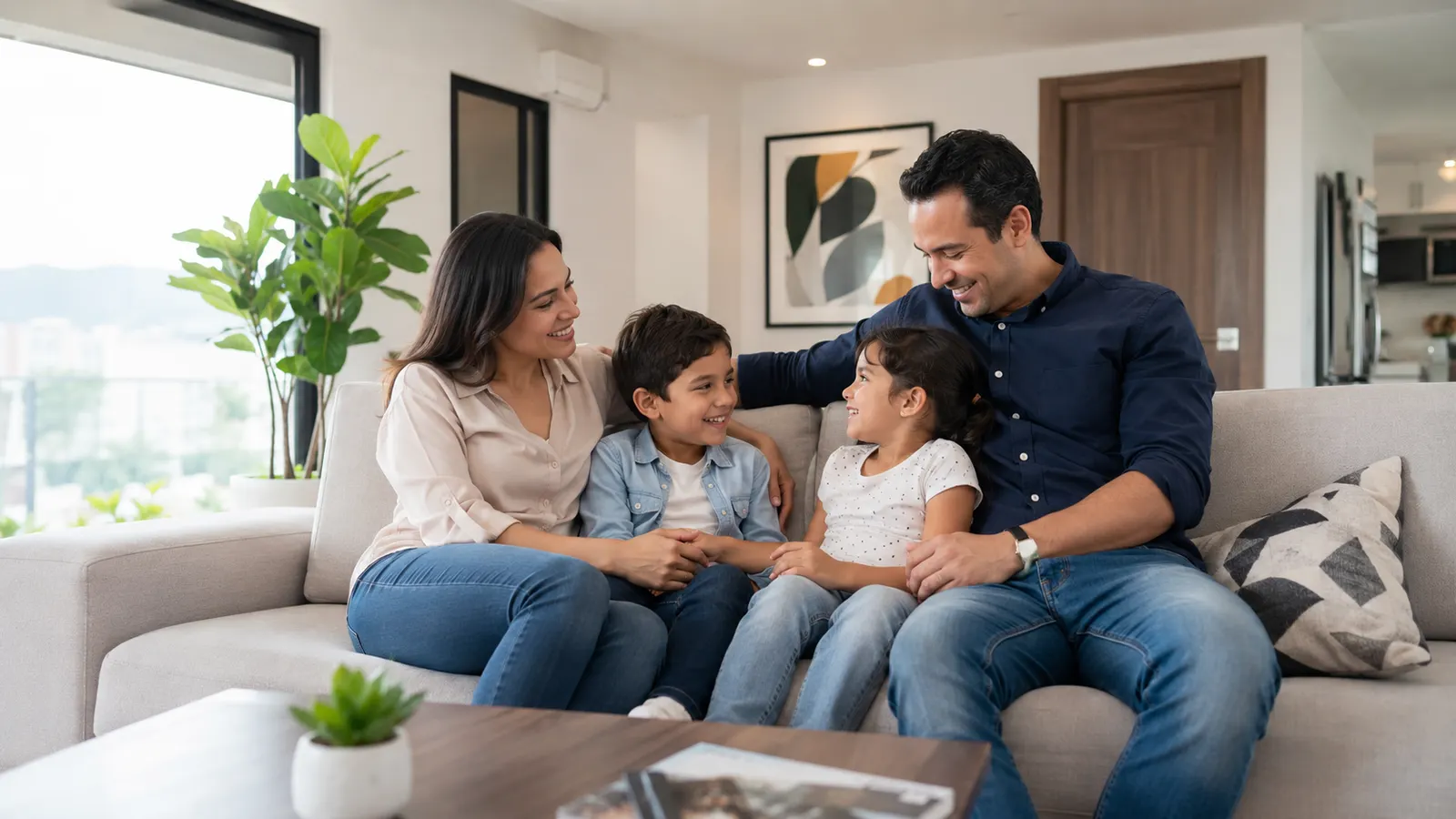 Familia venezolana disfrutando tranquila en la sala de su hogar