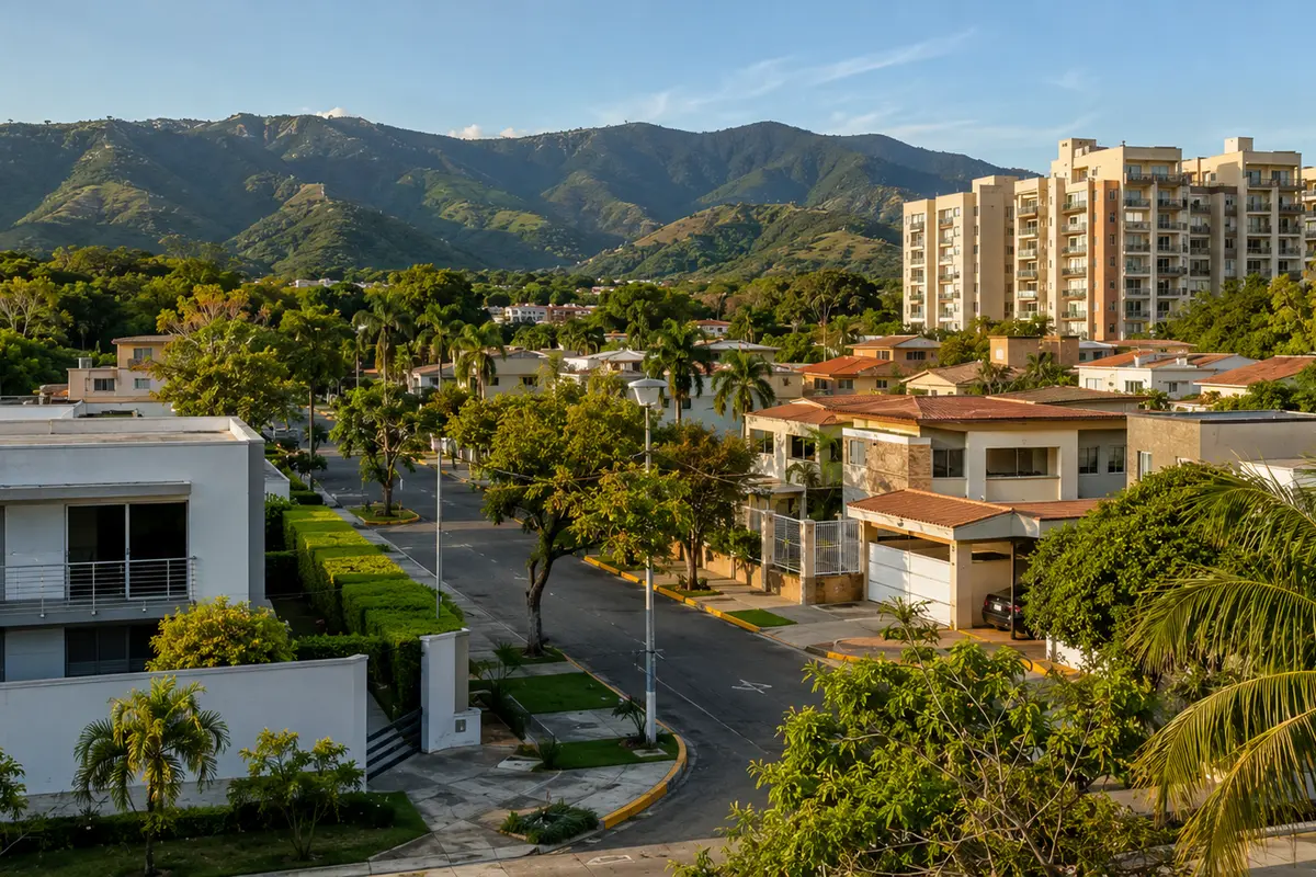 Urbanización residencial en Naguanagua, Carabobo, Venezuela, con edificios y montañas al fondo